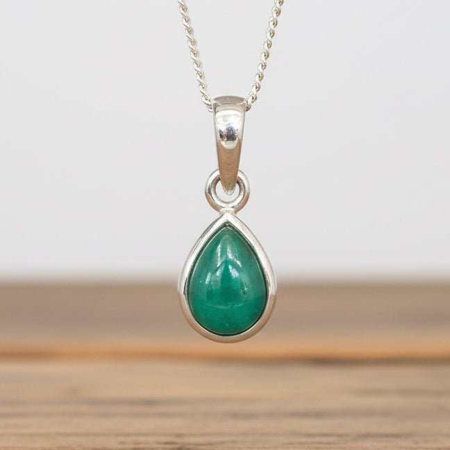 Sterling Silver may birthstone necklace with green pear-shaped natural emerald gemstone pendant - May birthday gift for her