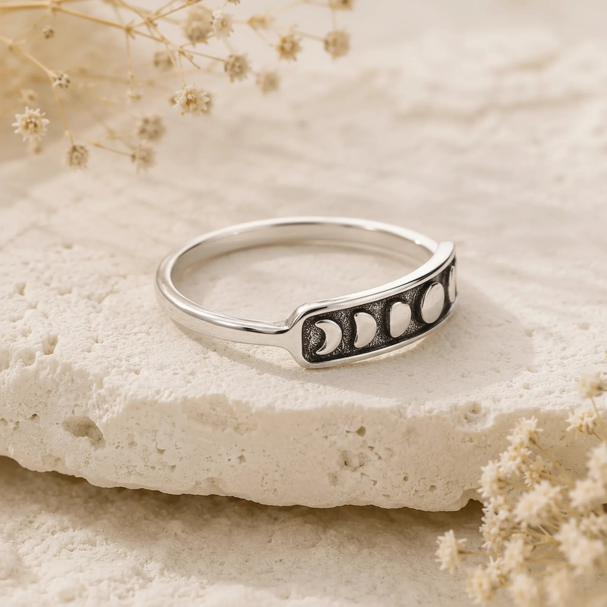 sterling silver oxidised moon phase band ring side view