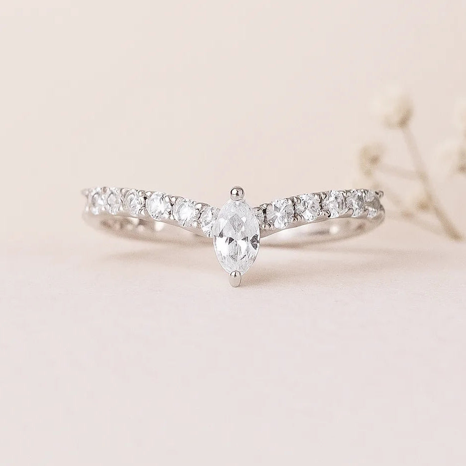 dainty sterling silver ring with CZ. chevron style. indie and harper australia