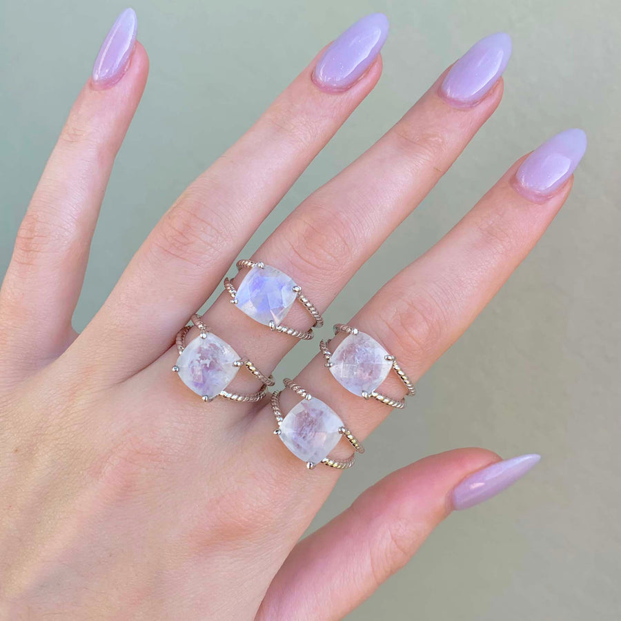silver moonstone double twist ring - beautiful sterling silver ring with twist detailing and natural moonstone - online jewellery brand indie and harper