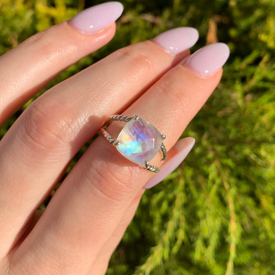 silver moonstone double twist ring - sterling silver ring with rainbow moonstone - women's online jewellery brand indie and harper