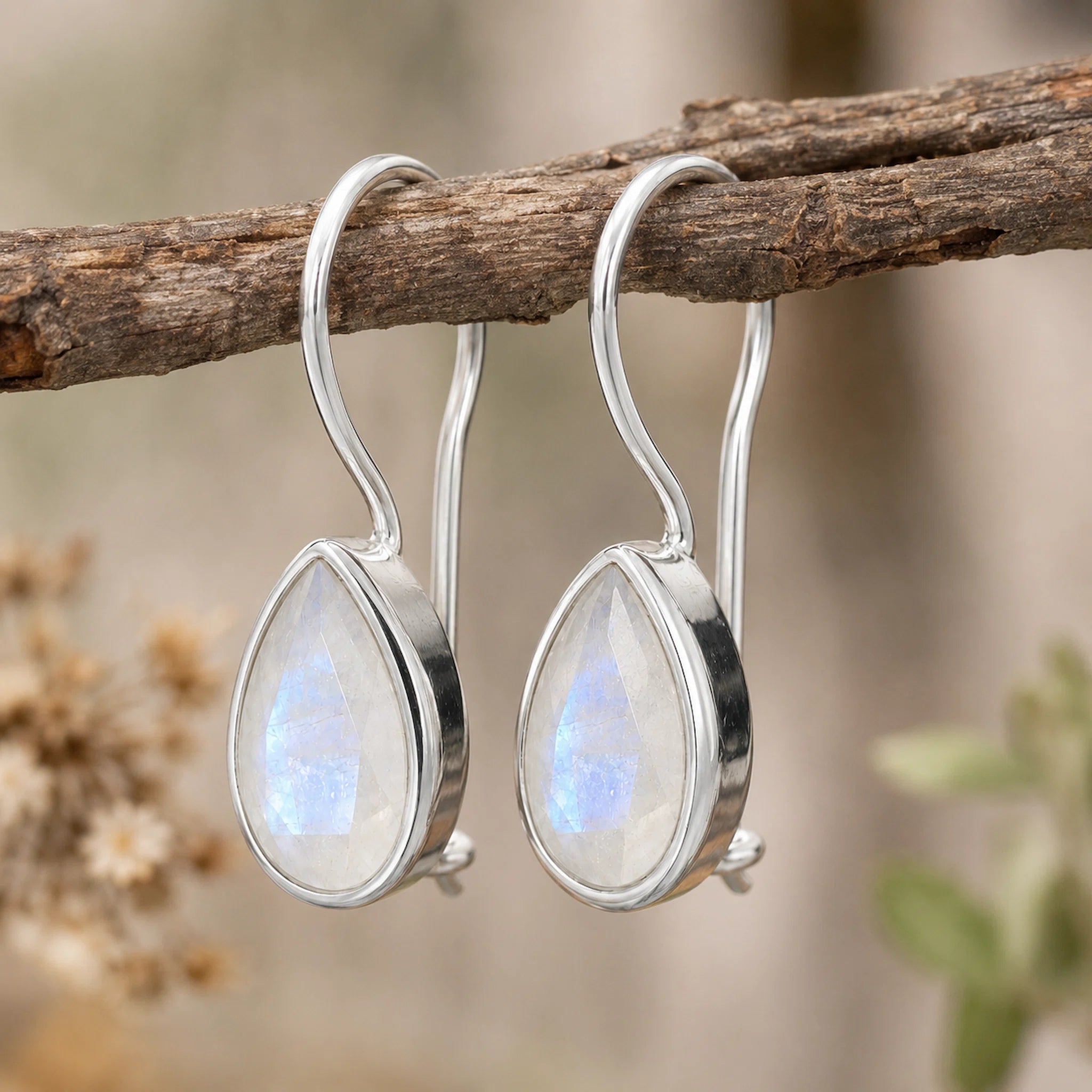 sterling silver moonstone earrings featuring pear-shaped natural moonstones faceted and bezel set with french hook style hanging from a branch