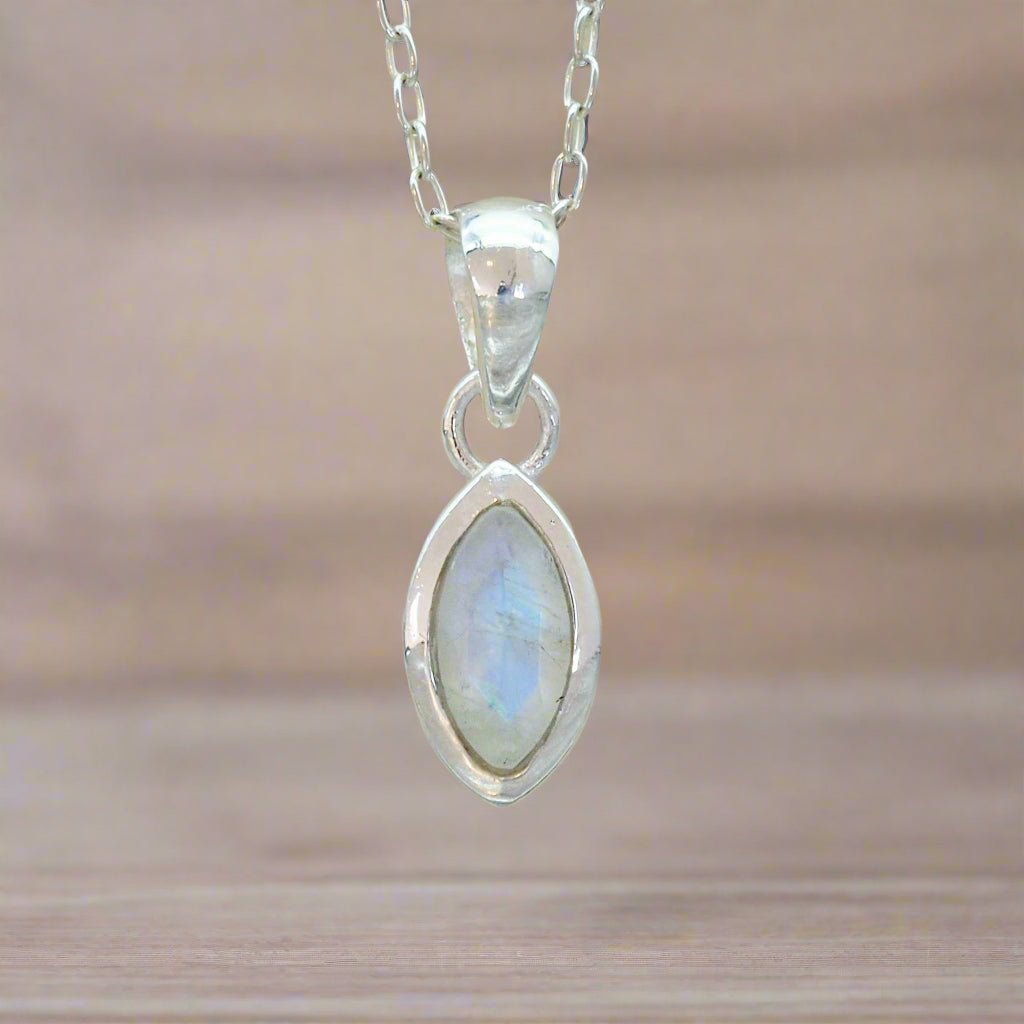 sterling silver moonstone necklace with natural faceted marquise shaped moonstone gemstone with minimalist boho design
