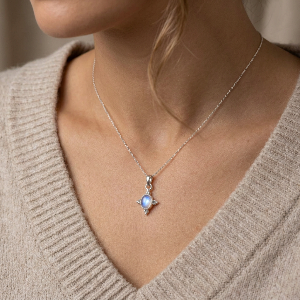 close up of a woman wearing a sterling silver necklace with a oval shaped cabochon natural moonstone pendant