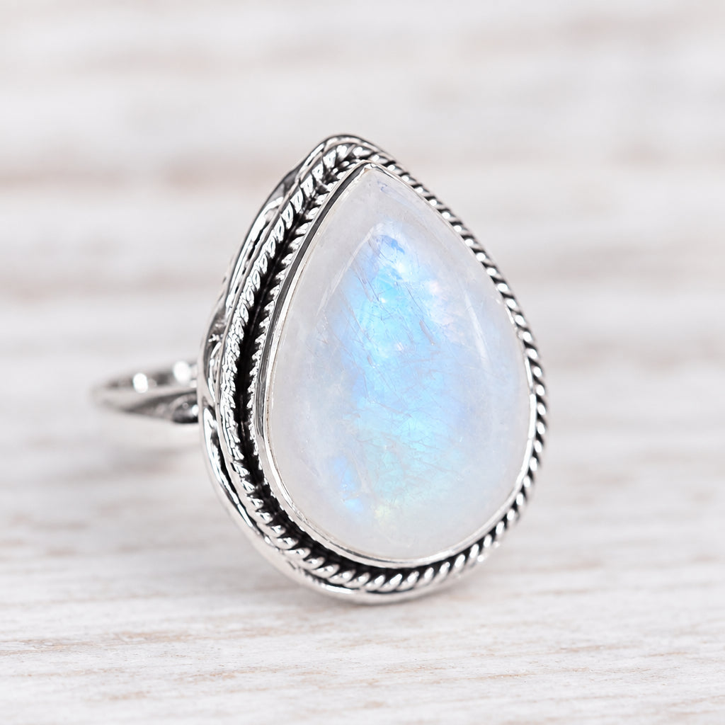 Sterling silver moonstone rain drop ring, close-up