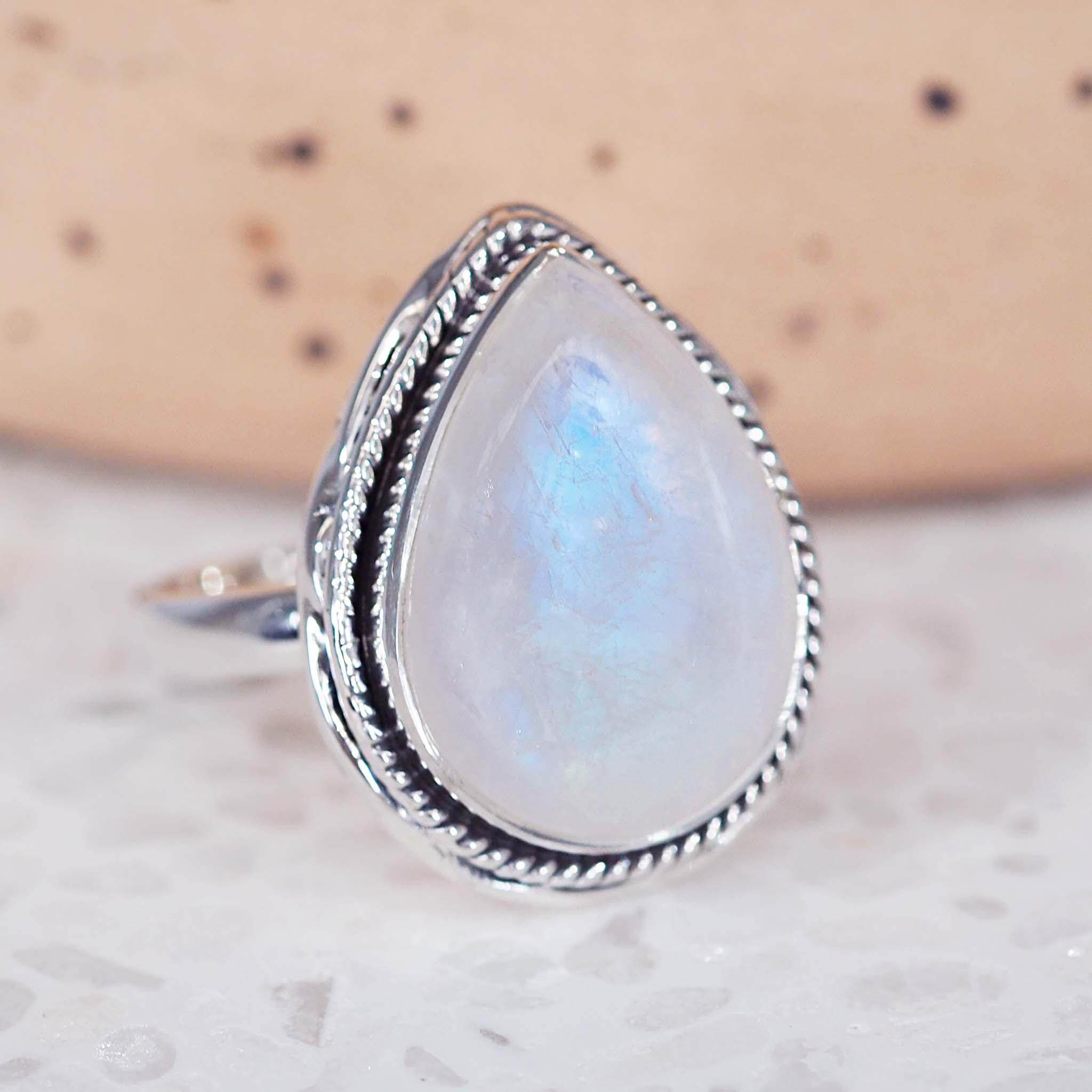 Indie and Harper sterling silver rain drop double twist Moonstone Ring