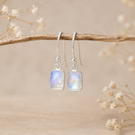 sterling silver moonstone earrings - classic french hooks with rectangle, faceted and bezel set natural moonstones, hanging from a branch