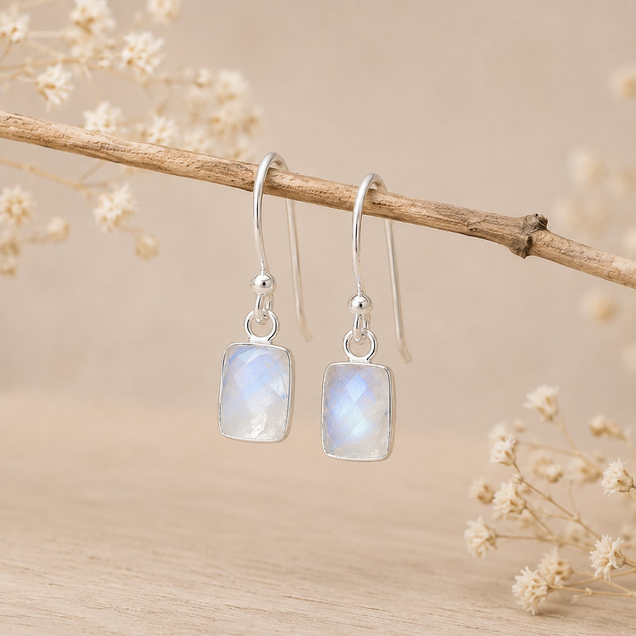 sterling silver french hook, faceted and bezel-set natural moonstone earrings hanging from a branch