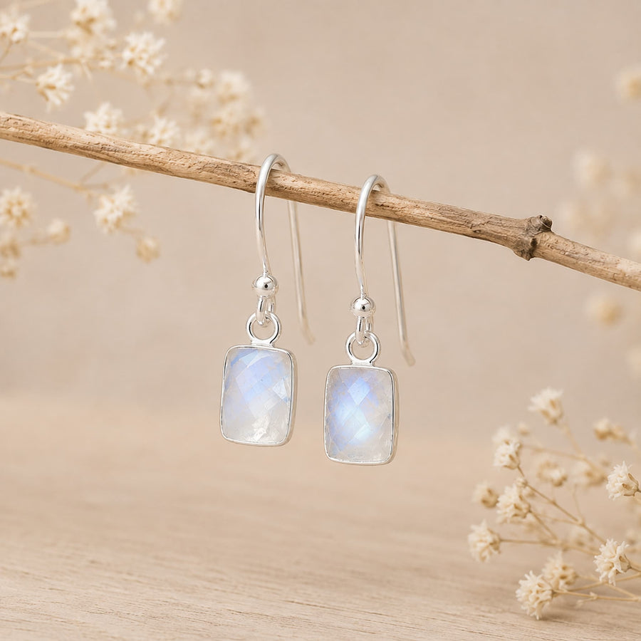 Natural Moonstone Rectangle French Hook Earrings, pair featuring bezel-set iridescent moonstones in silver