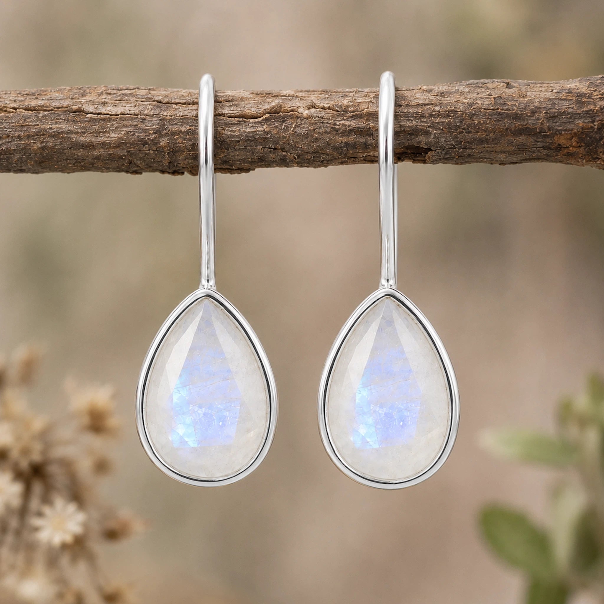A pair of silver teardrop moonstone earrings with faceted bezel set natural iridescent moonstones, hanging from a rustic brown branch against a soft, blurred natural background.