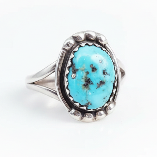 Turquoise ring with silver band on a white background