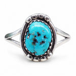 Front view of a sterling silver turquoise ring with an oval matrix stone and split band 
