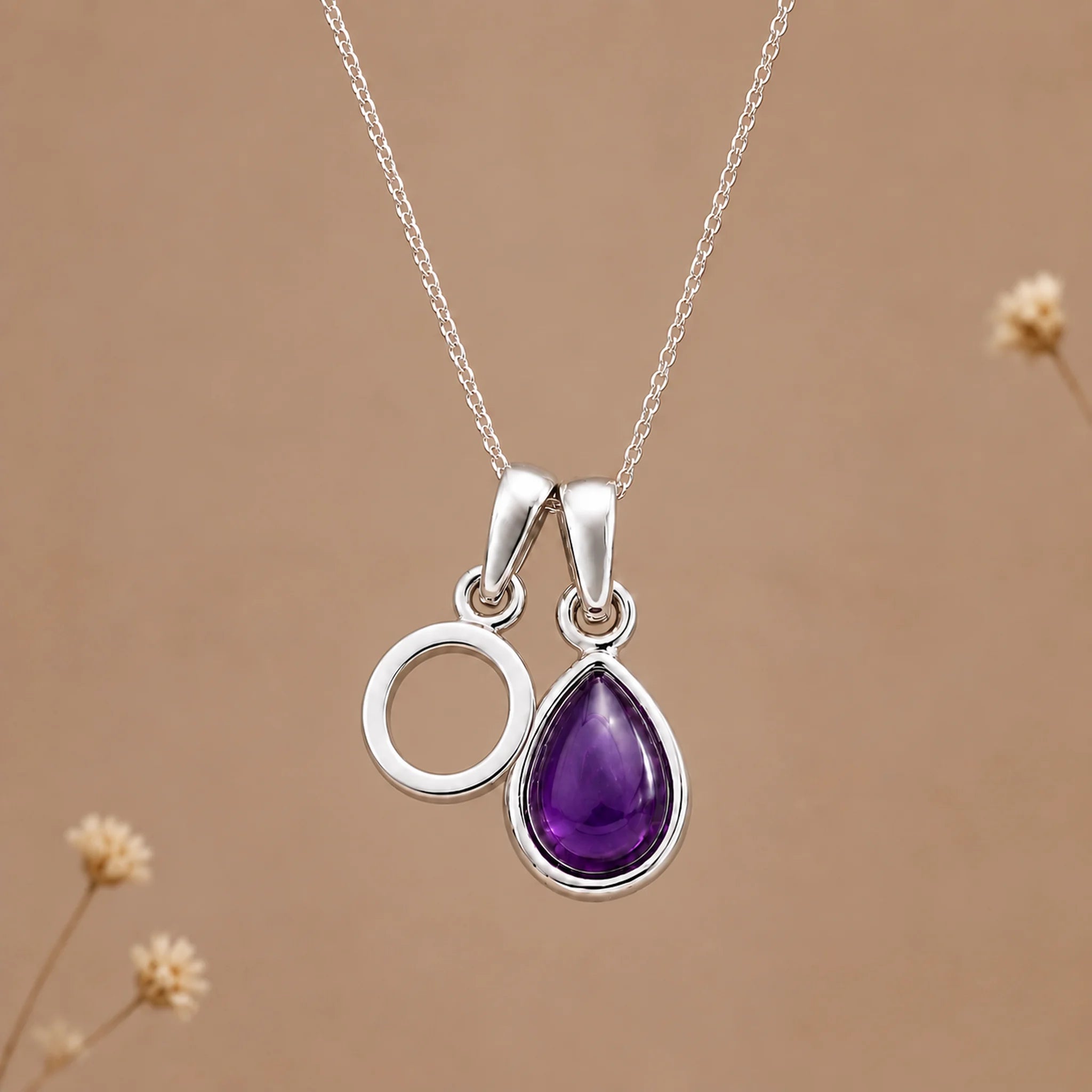 Sterling silver initial O necklace with a February amethyst pendant
