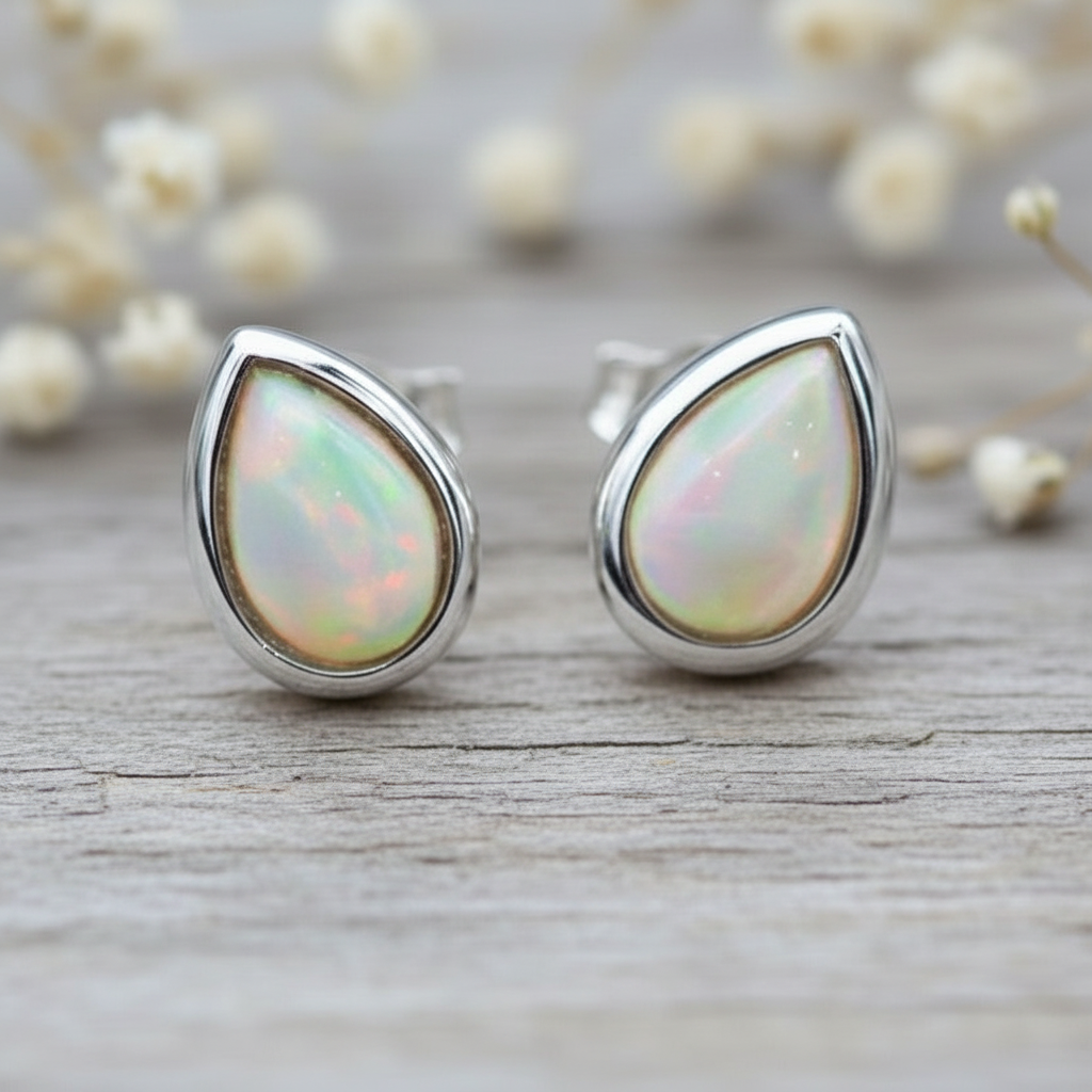 Teardrop-shaped opal earrings with silver settings on a wooden surface.