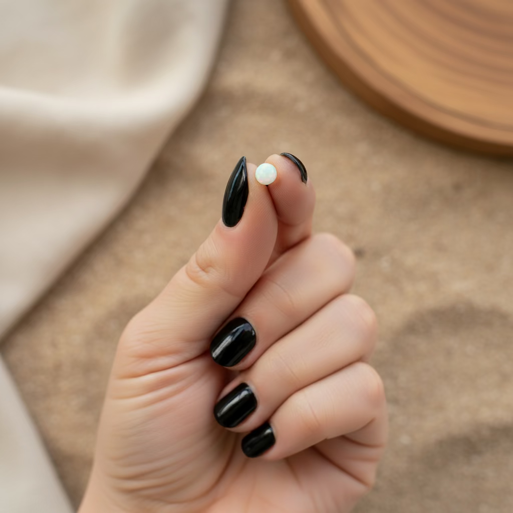 Hand holding a opal stud on a wooden desk with a keyboard in the background