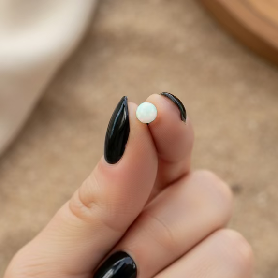 Hand holding a opal stud on a wooden desk with a keyboard in the background