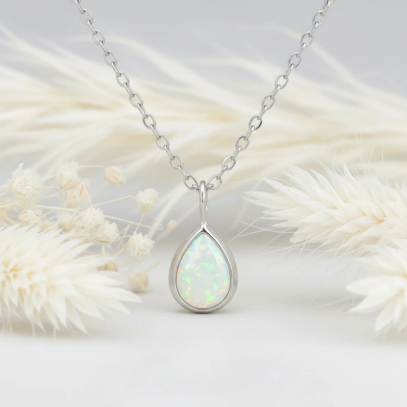 sterling silver tear drop shaped white opal pendant necklace