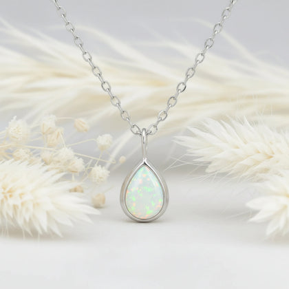sterling silver tear drop shaped white opal pendant necklace