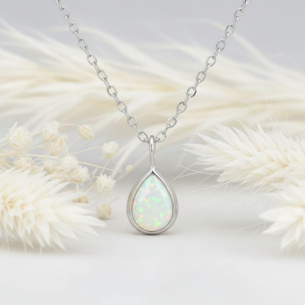Opal pendant necklace on a delicate chain against a soft white background with dried flowers.