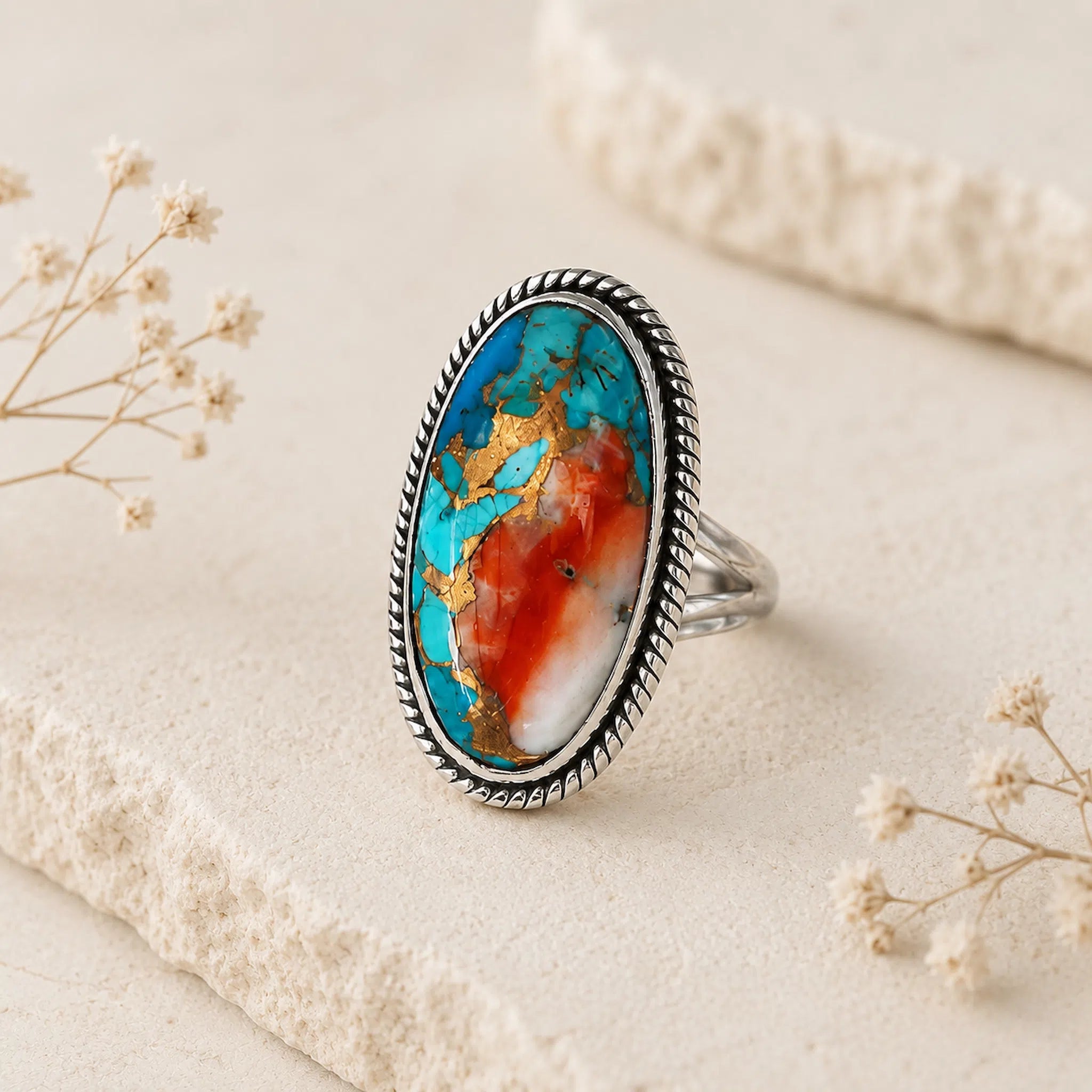 sterling silver large oval natural spiny oyster ring