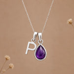 Sterling silver initial P necklace with a February amethyst pendant