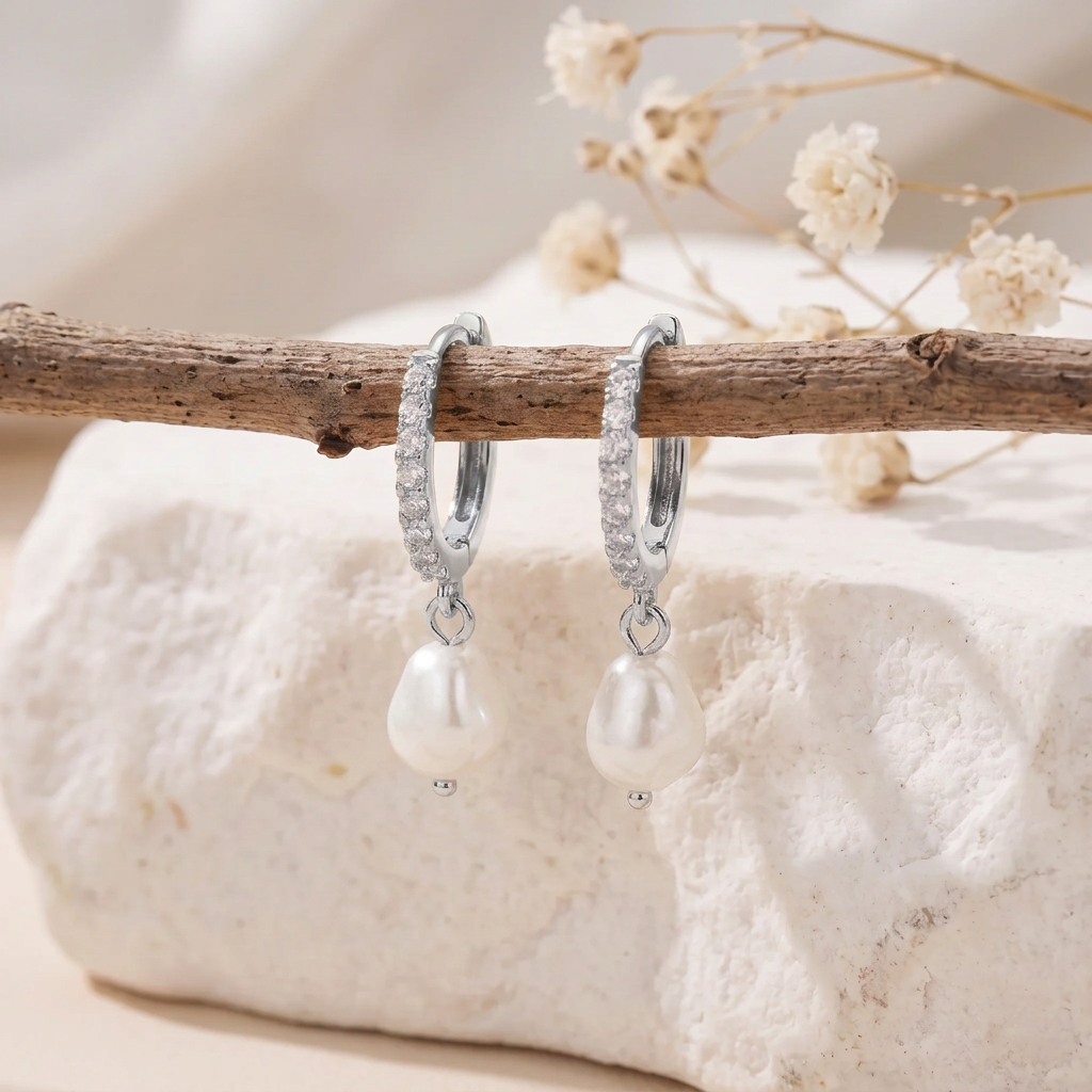 Silver pearl and CZ huggie earrings, a pair hanging from a natural twig