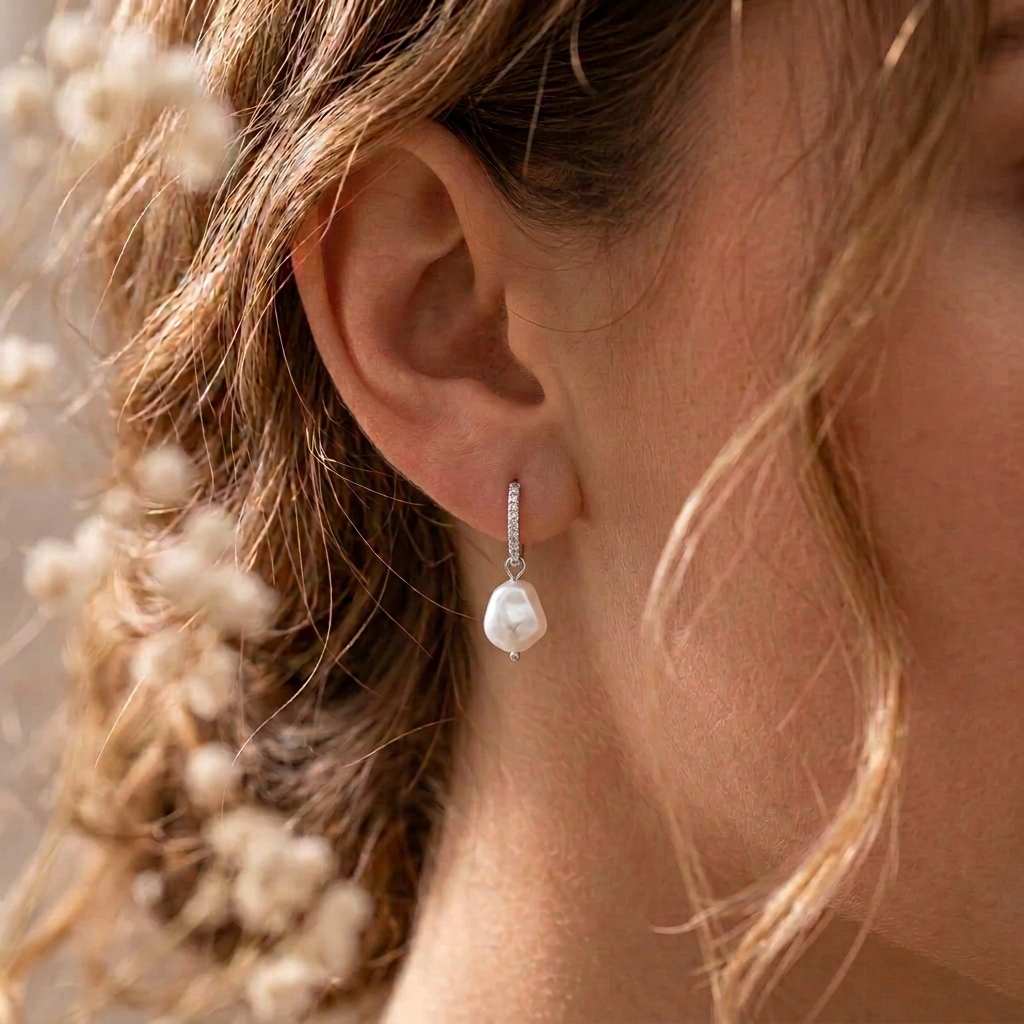 Silver pearl and CZ huggie earrings worn, with sunlit hair and a soft floral foreground