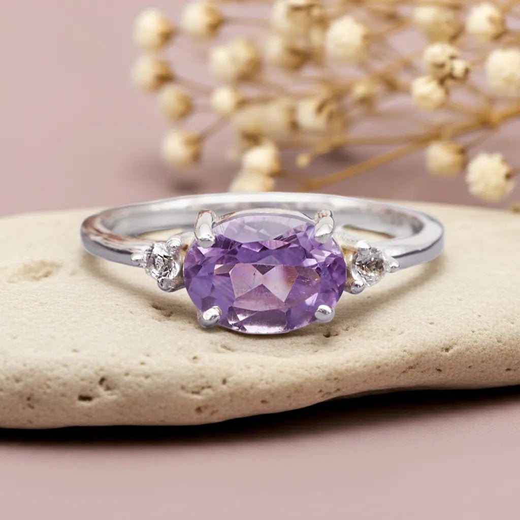 sterling silver pink amethyst ring with natural pink amethyst gemstones and white topaz gemstones