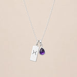 Sterling Silver Necklace with teardrop February Birthstone Natural Amethyst pendant and a rectangle pendant wth Pisces line glyph hanging on a light background.