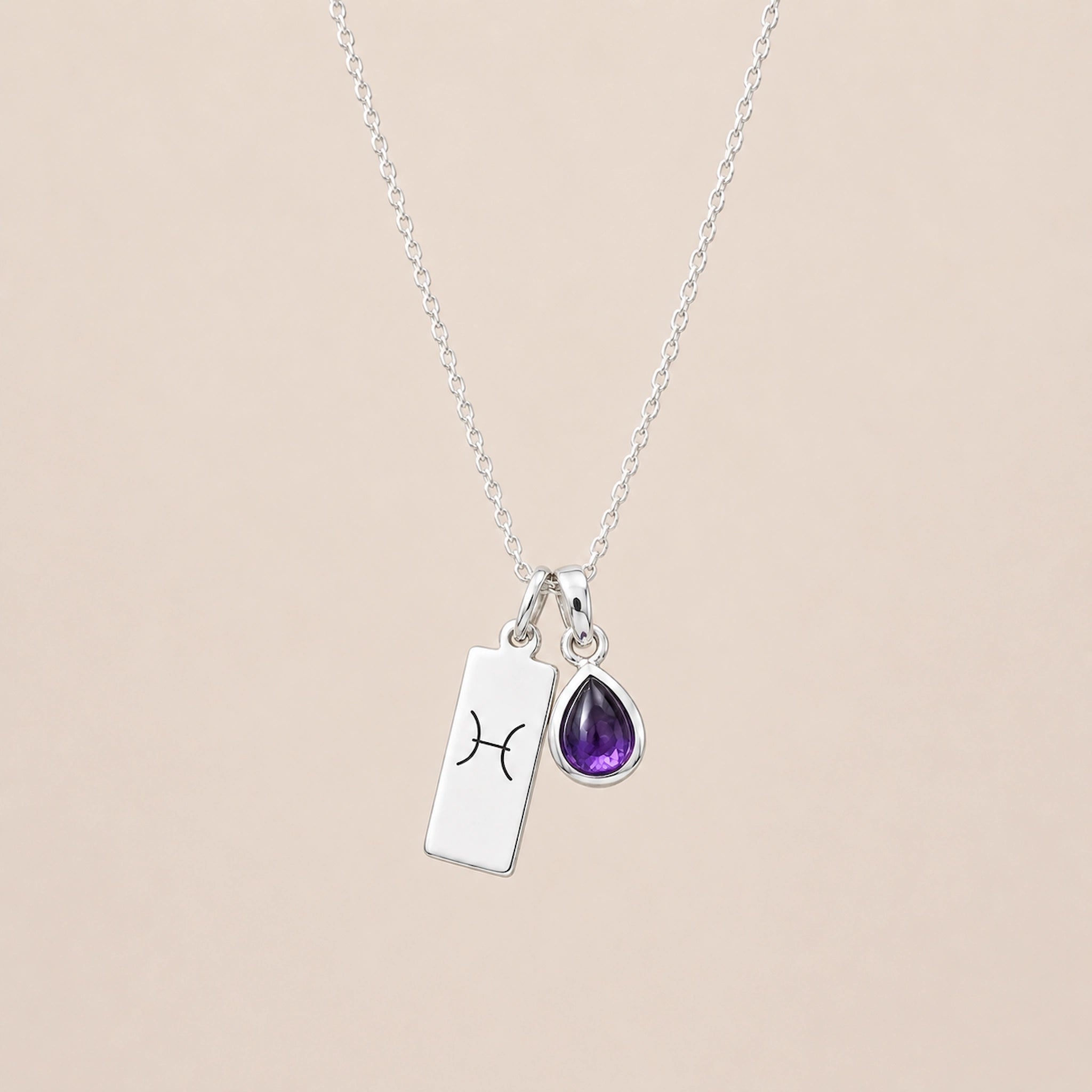 Sterling Silver Necklace with teardrop February Birthstone Natural Amethyst pendant and a rectangle pendant wth Pisces line glyph hanging on a light background.