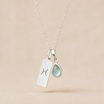 Sterling Silver Necklace with teardrop March Birthstone Natural Aquamarine pendant and a rectangle pendant wth Pisces line glyph hanging on a light background.