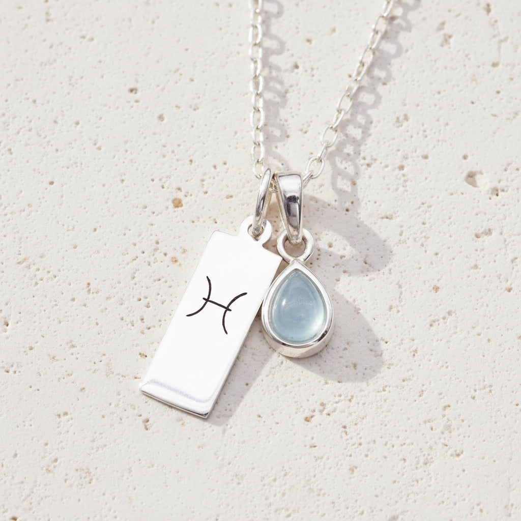 Silver Zodiac Pisces and march Birthstone aquamarine Necklace