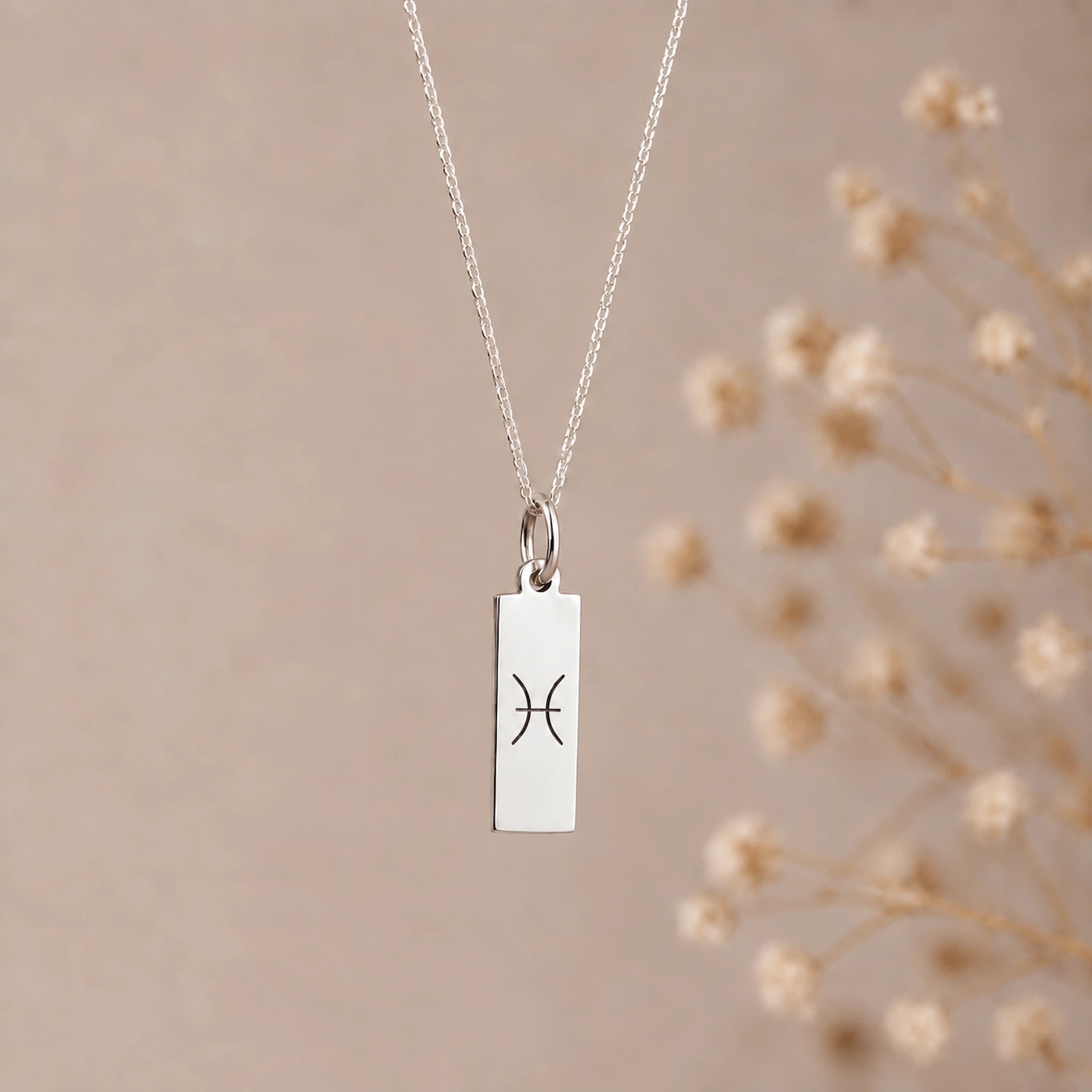 A silver pisces necklace featuring a rectangular pendant with an engraved Pisces zodiac symbol, hanging from a delicate silver chain against a soft beige background with blurred dried flowers on the right.