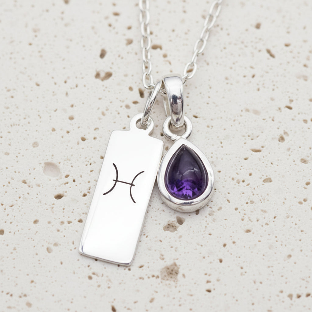 Sterling Silver Pisces Star Sign and February Birthstone Amethyst Necklace