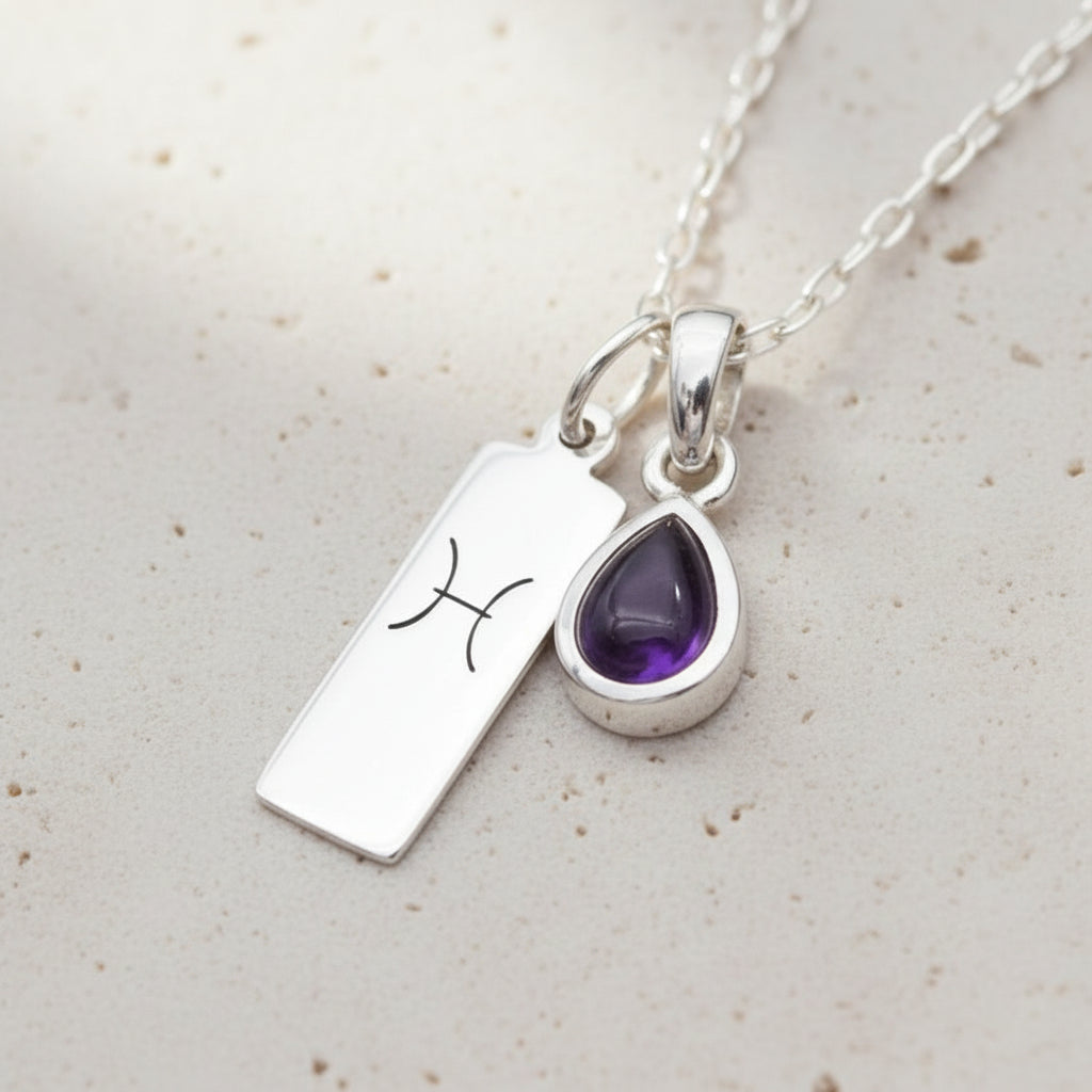 sterling silver Pisces zodiac and February Birthstone amethyst Necklace