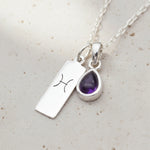 Sterling Silver February Birthstone Necklace with a pear-shaped natural Amethyst gemstone pendant and Pisces Zodiac pendant