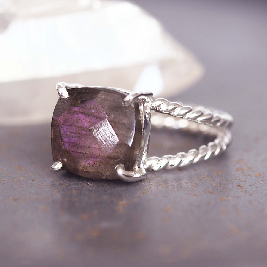 silver purple labradorite double twist ring - womens sterling silver ring with natural purple labradorite and twist band detailing - shop boho jewellery by indie and harper
