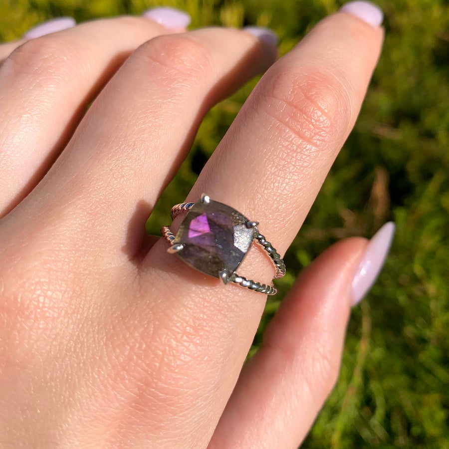 silver purple labradorite double twist ring - sterling silver jewellery for women with natural purple labradorite gemstones - boho jewellery for women online by indie and harper