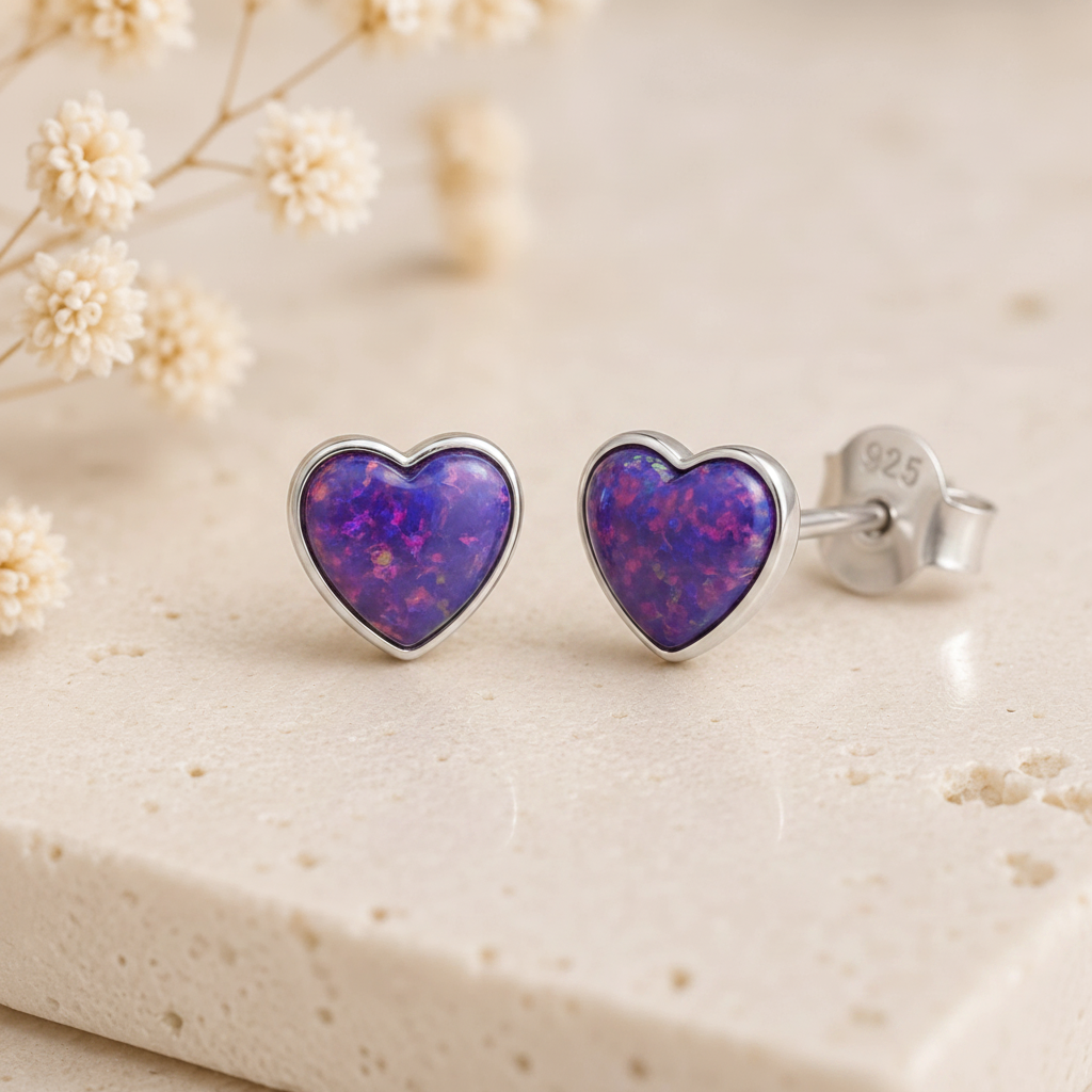 Sterling silver purple opal heart stud earrings