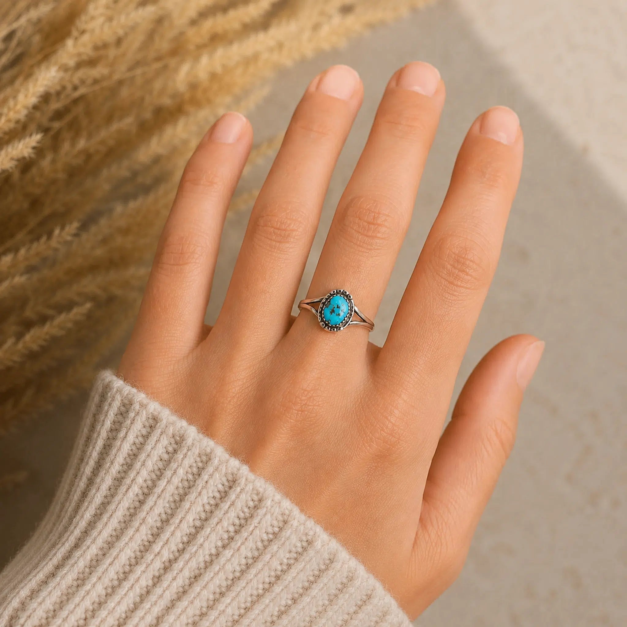 A hand wearing a silver ring with an oval turquoise, styled with a beige knit sweater cuff and dried grass in the background.
