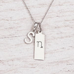 sterling silver initial S pendant and capricorn necklace on a fine silver chain against a light wooden background