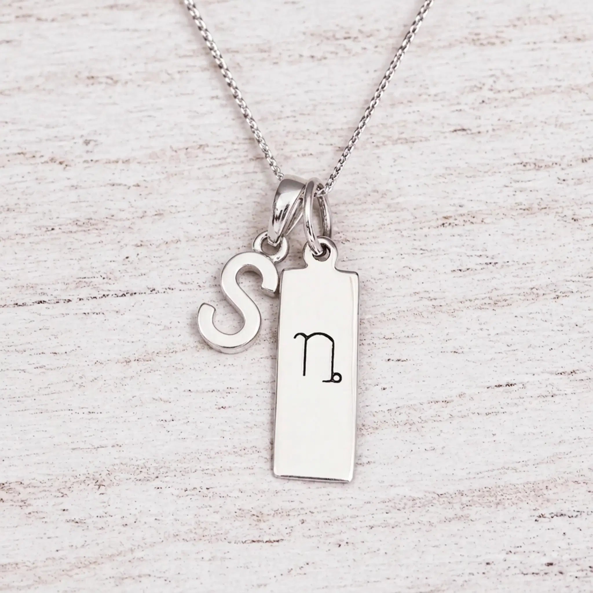 sterling silver initial S pendant and capricorn necklace on a fine silver chain against a light wooden background