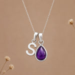 Sterling silver initial S necklace with a February amethyst pendant