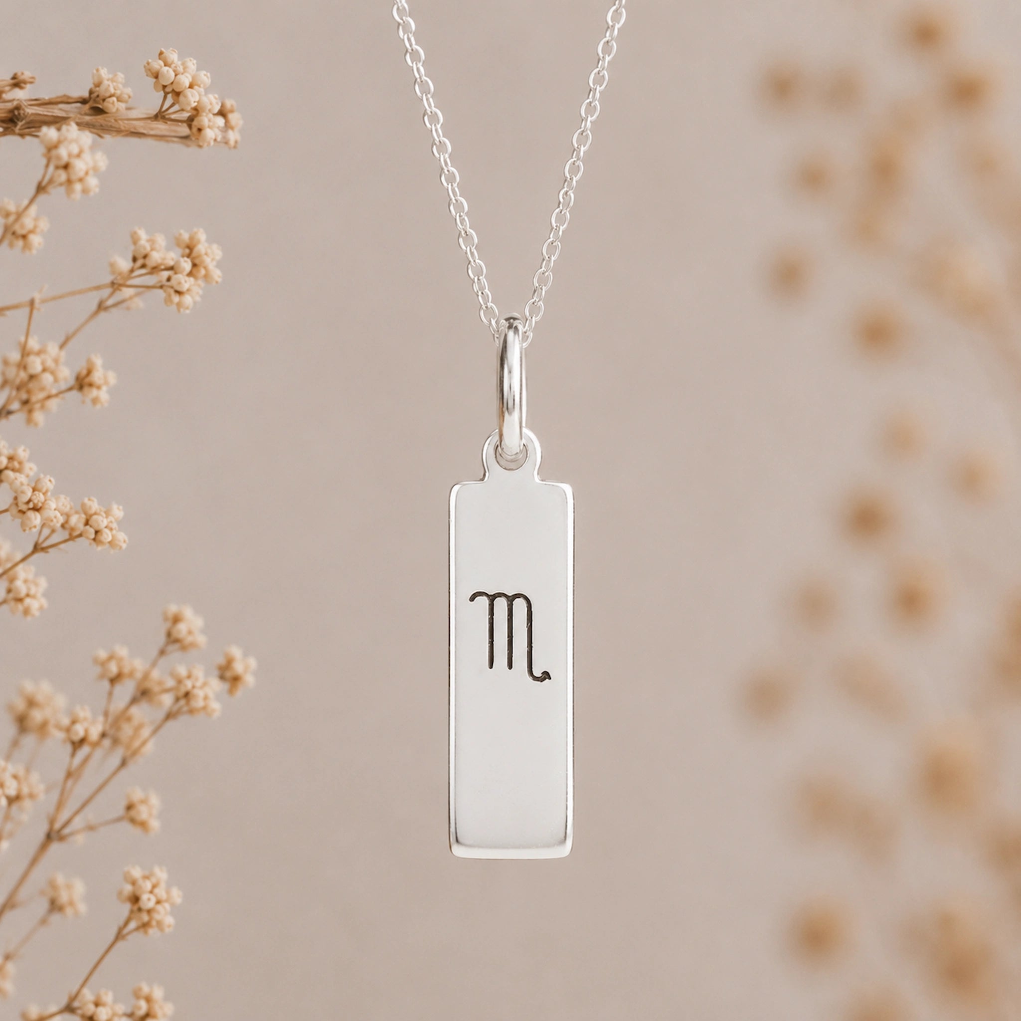 sterling silver scorpio necklace with rectangle pendant featuring engraved minimalist scorpio zodiac star sign line glyph symbol suspended from a fine chain