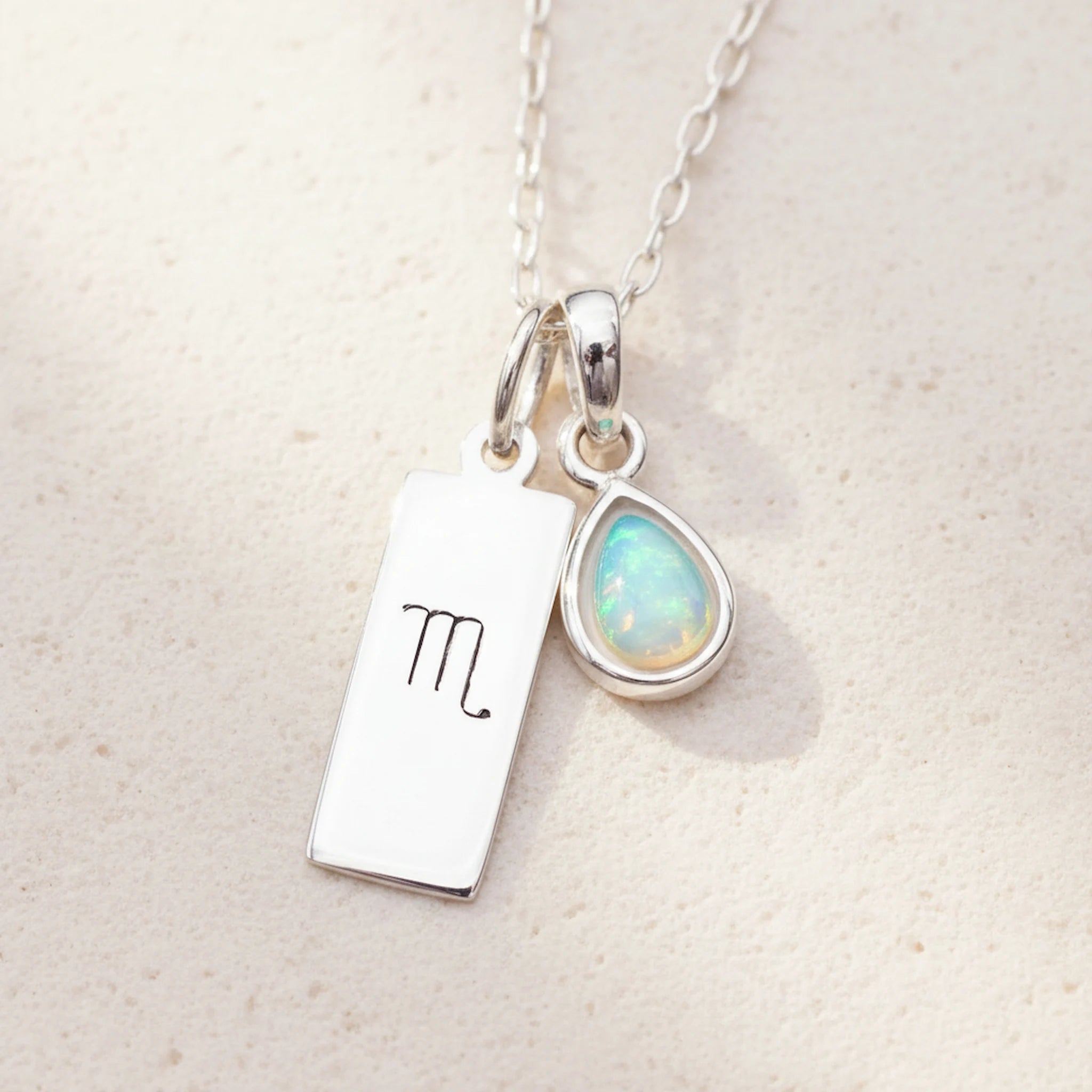 Scorpio zodiac necklace with october birthstone natural opal teardrop pendant in 925 sterling silver or 9k gold plated silver