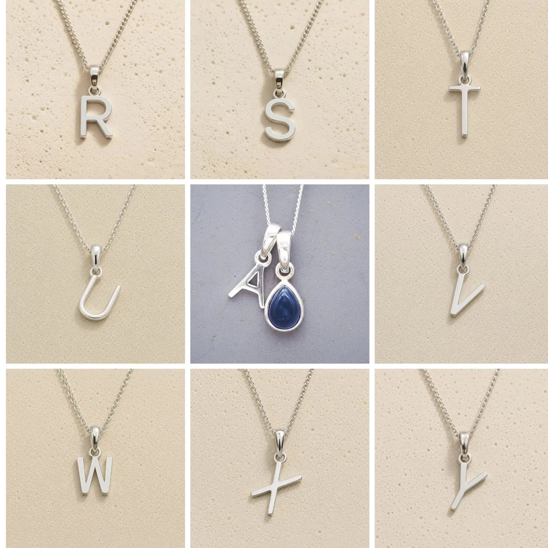 Collection of silver letter pendants R to Y on beige backgrounds as initial options for September Birthstone Sapphire Necklace.