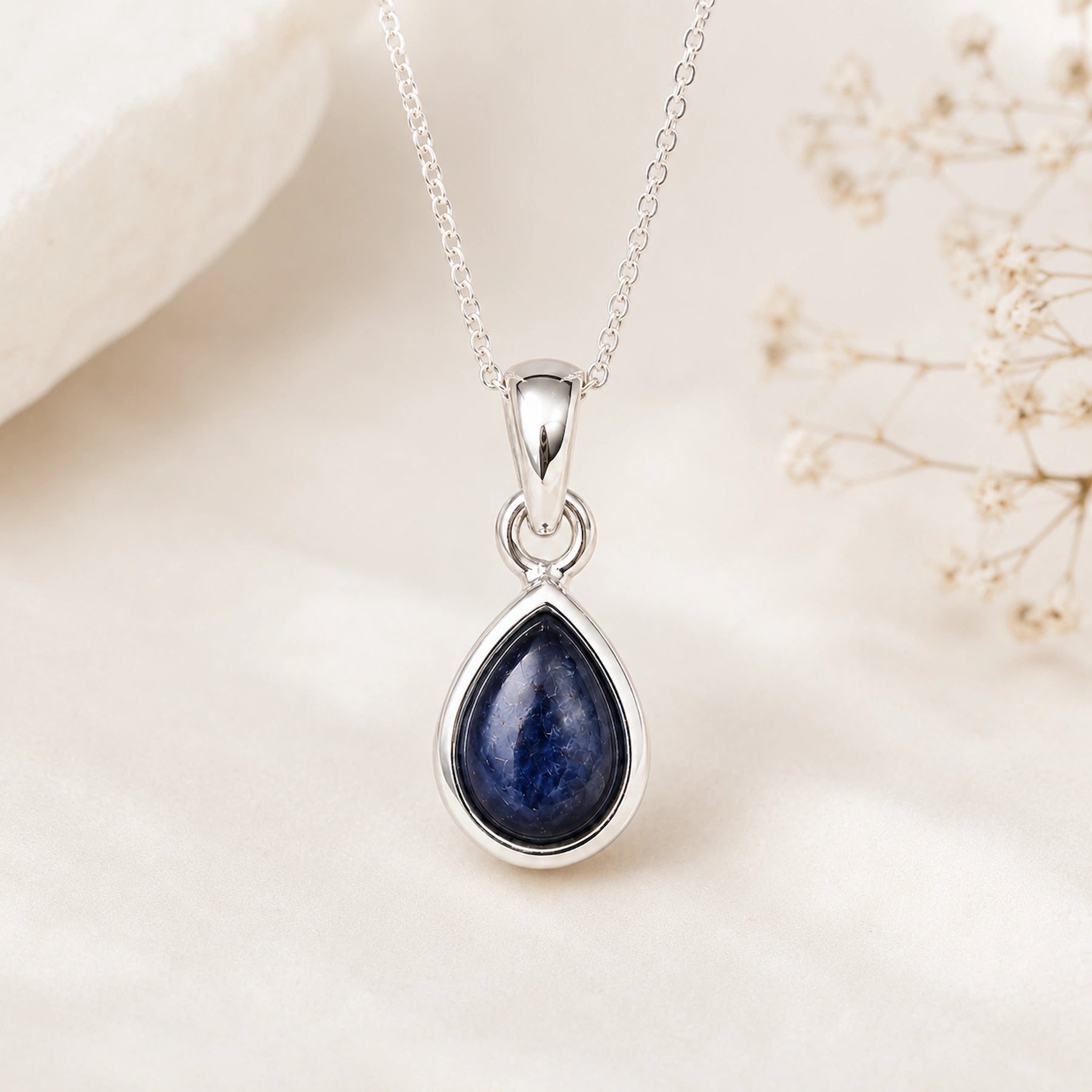 sterling silver september birthstone necklace with pear-shaped natural sapphire gemstone pendant - birthday jewellery gift