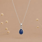 silver september birthstone natural sapphire teardrop pendant necklace hanging