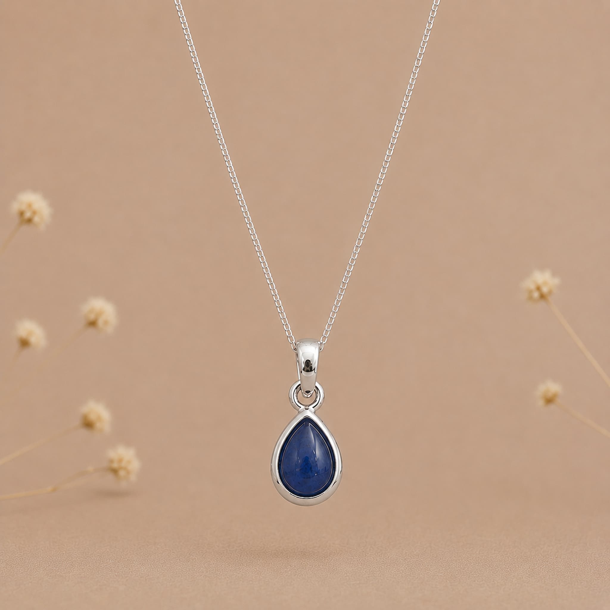 silver september birthstone natural sapphire teardrop pendant necklace hanging