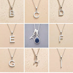 Collection of silver letter pendants A to I on beige backgrounds as initial options for September Birthstone Sapphire Necklace.
